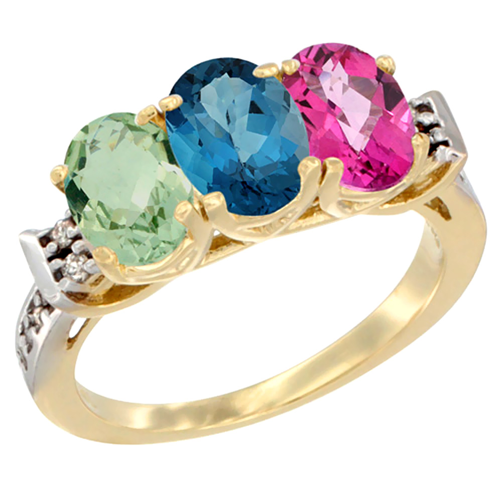 14K Yellow Gold Natural Green Amethyst, London Blue Topaz & Pink Topaz Ring 3-Stone 7x5 mm Oval Diamond Accent, sizes 5 - 10