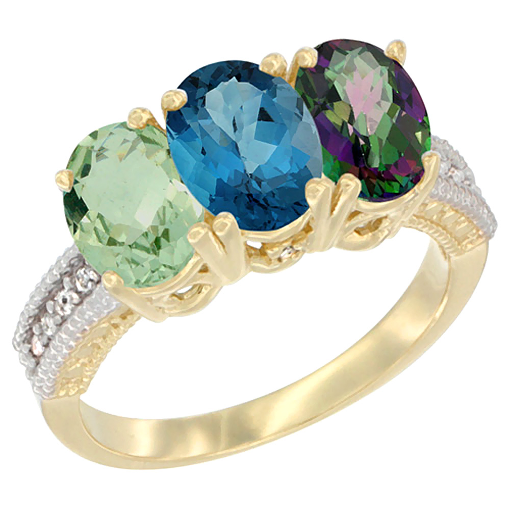 14K Yellow Gold Natural Green Amethyst, London Blue Topaz & Mystic Topaz Ring 3-Stone 7x5 mm Oval Diamond Accent, sizes 5 - 10