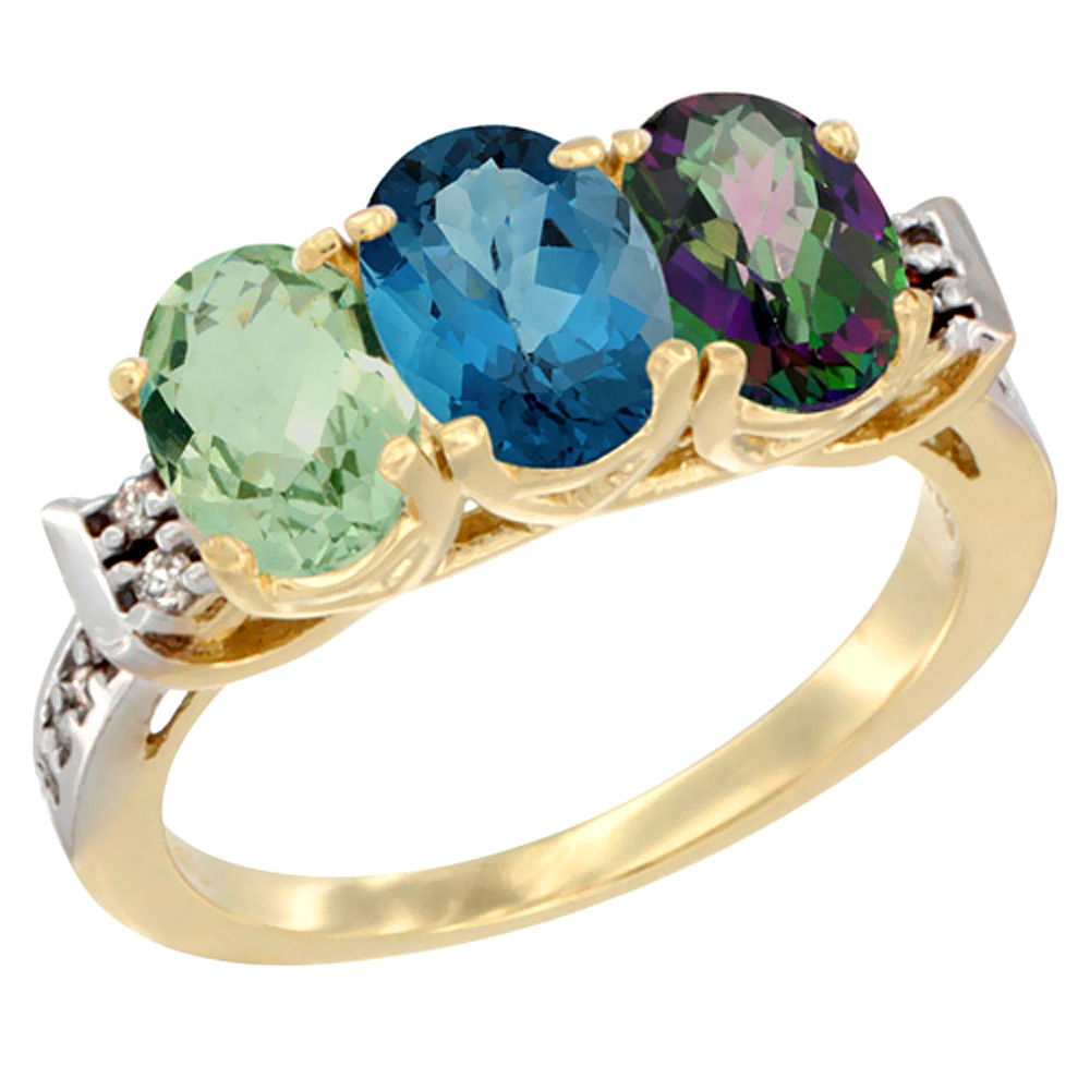 14K Yellow Gold Natural Green Amethyst, London Blue Topaz &amp; Mystic Topaz Ring 3-Stone 7x5 mm Oval Diamond Accent, sizes 5 - 10