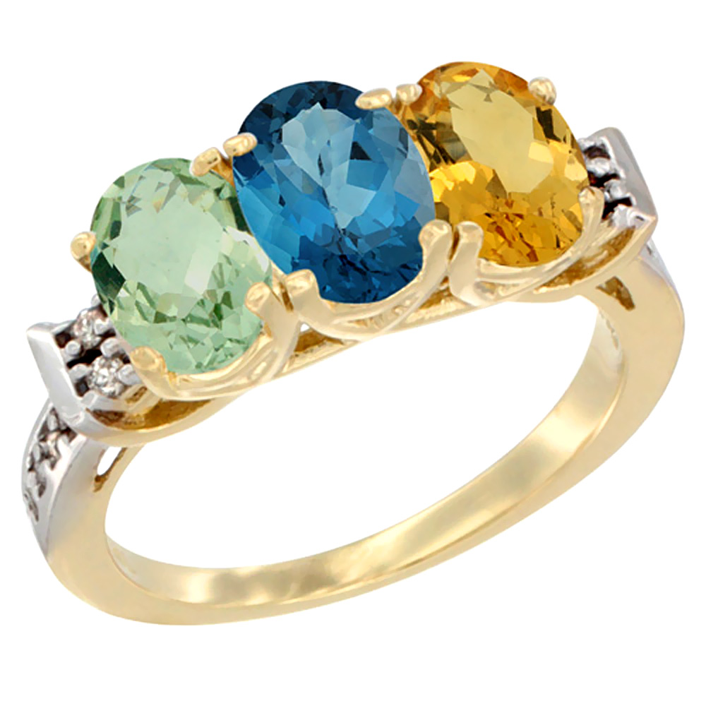 14K Yellow Gold Natural Green Amethyst, London Blue Topaz & Citrine Ring 3-Stone 7x5 mm Oval Diamond Accent, sizes 5 - 10