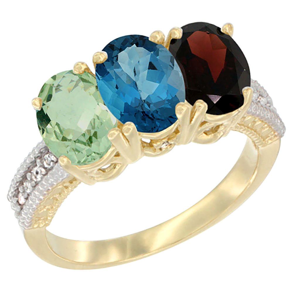 14K Yellow Gold Natural Green Amethyst, London Blue Topaz &amp; Garnet Ring 3-Stone 7x5 mm Oval Diamond Accent, sizes 5 - 10