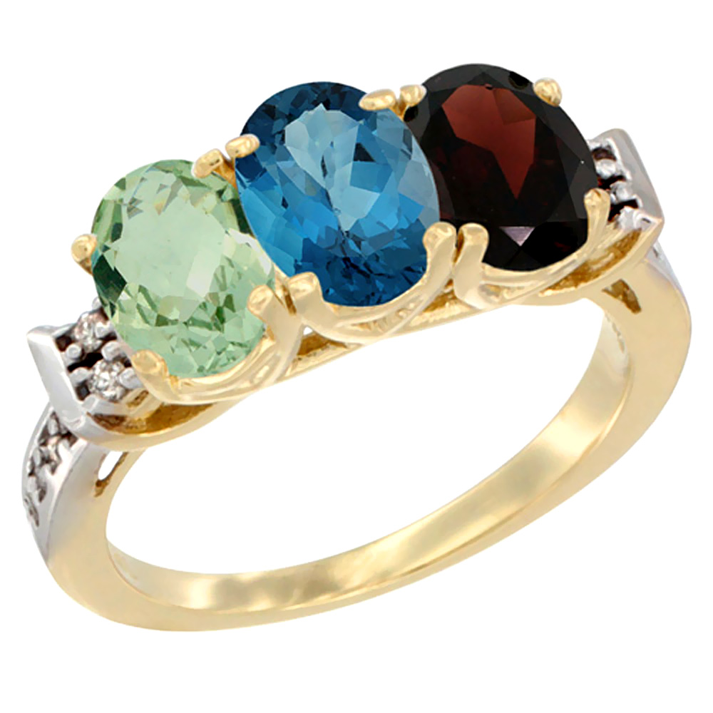 14K Yellow Gold Natural Green Amethyst, London Blue Topaz &amp; Garnet Ring 3-Stone 7x5 mm Oval Diamond Accent, sizes 5 - 10