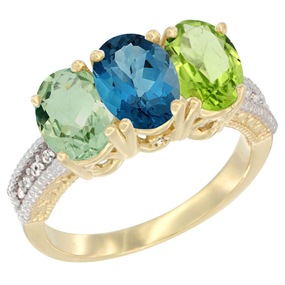 14K Yellow Gold Natural Green Amethyst, London Blue Topaz &amp; Peridot Ring 3-Stone 7x5 mm Oval Diamond Accent, sizes 5 - 10