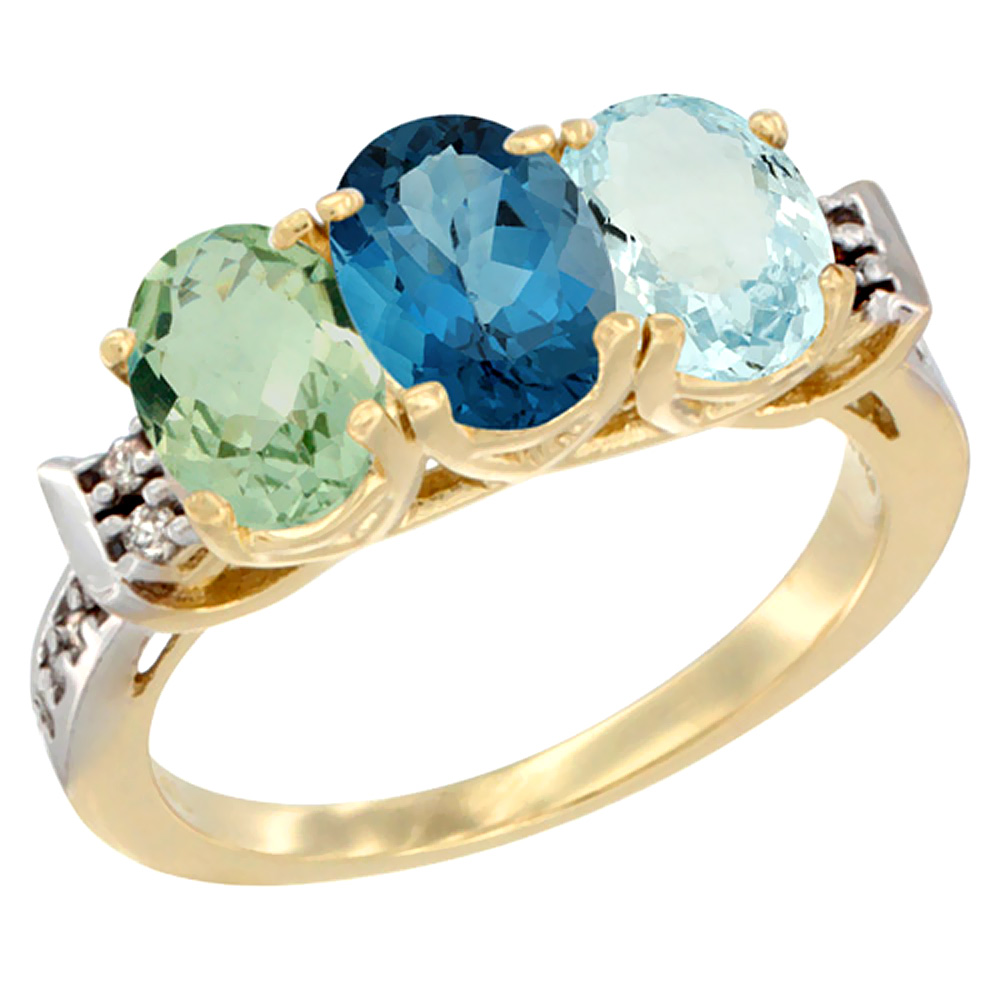 14K Yellow Gold Natural Green Amethyst, London Blue Topaz &amp; Aquamarine Ring 3-Stone 7x5 mm Oval Diamond Accent, sizes 5 - 10