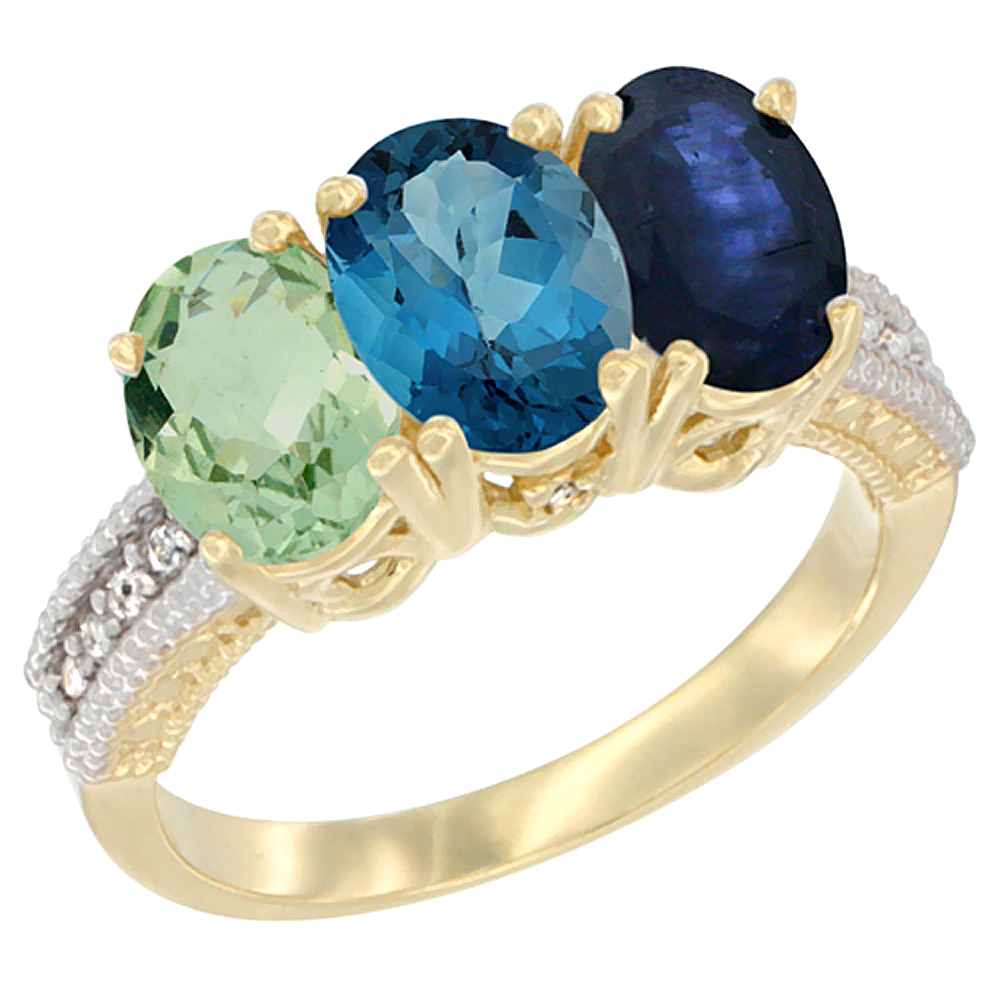 14K Yellow Gold Natural Green Amethyst, London Blue Topaz & Blue Sapphire Ring 3-Stone 7x5 mm Oval Diamond Accent, sizes 5 - 10