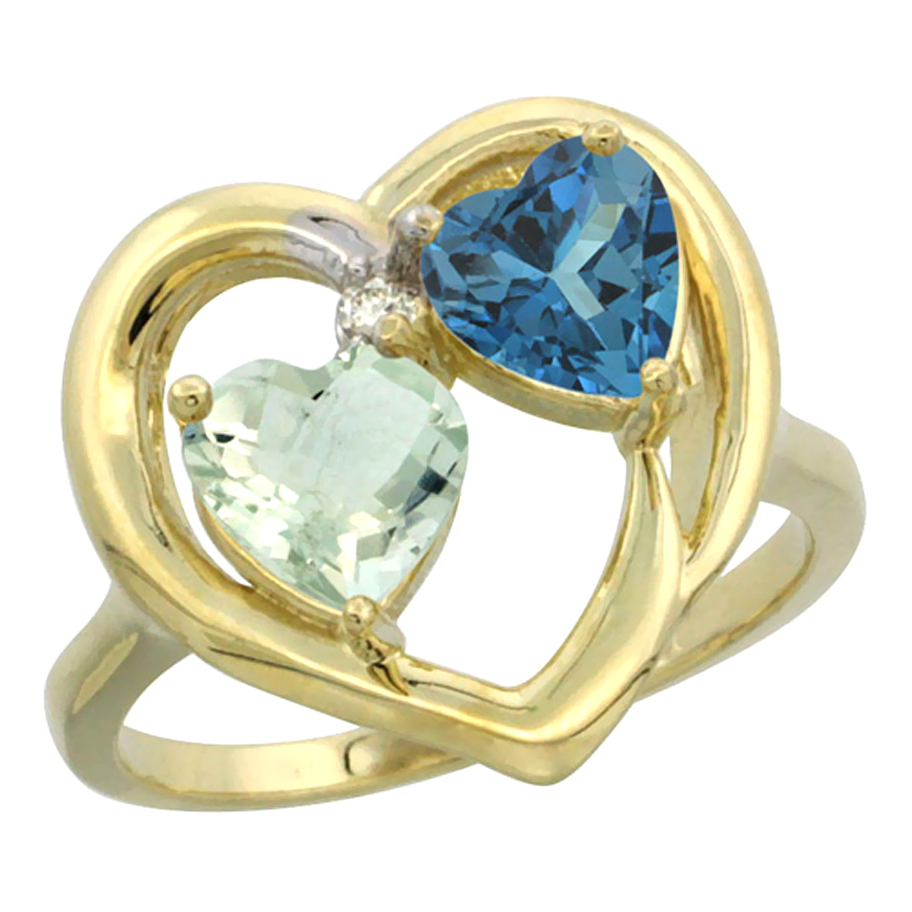 14K Yellow Gold Diamond Two-stone Heart Ring 6mm Natural Green Amethyst & London Blue Topaz, sizes 5-10