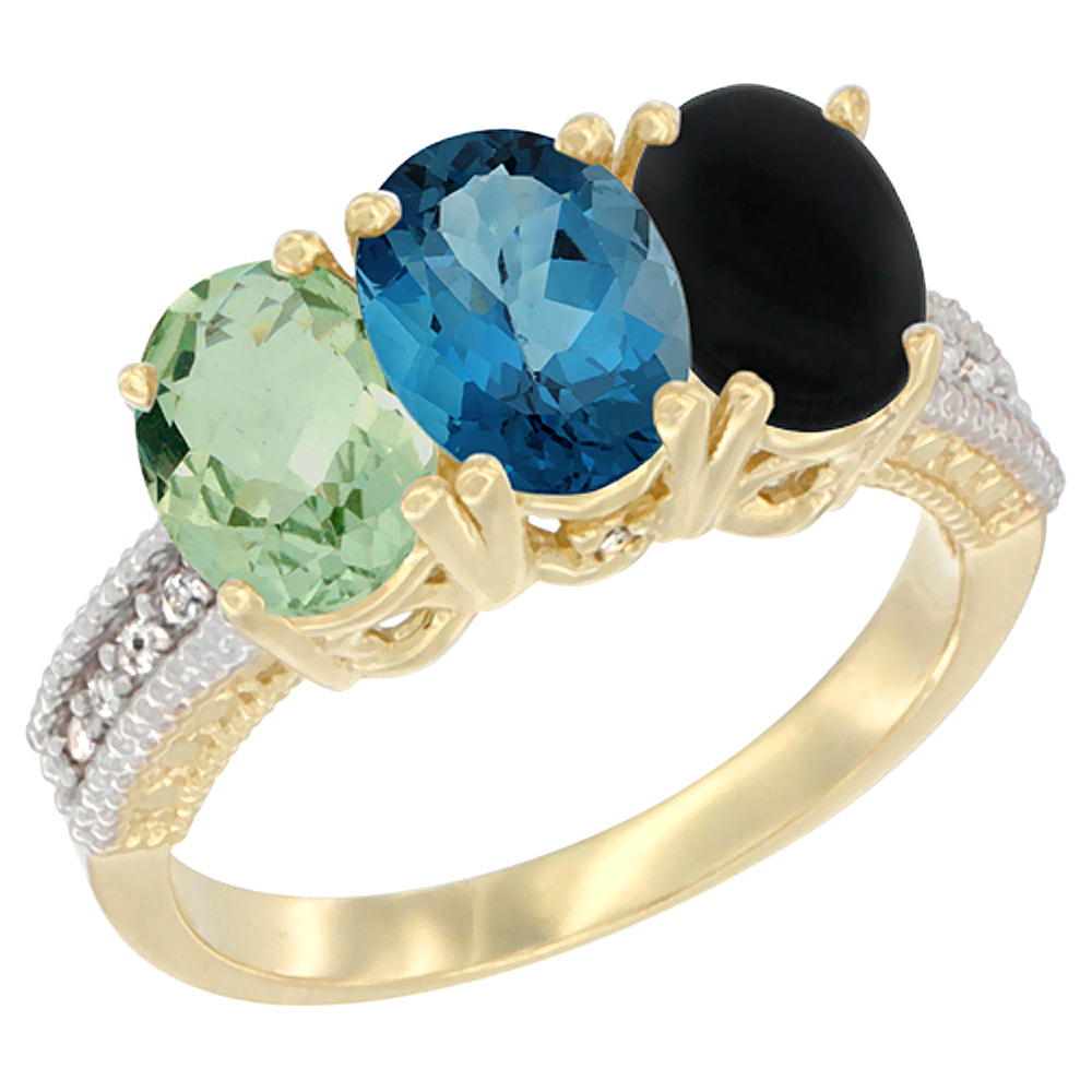 14K Yellow Gold Natural Green Amethyst, London Blue Topaz &amp; Black Onyx Ring 3-Stone 7x5 mm Oval Diamond Accent, sizes 5 - 10