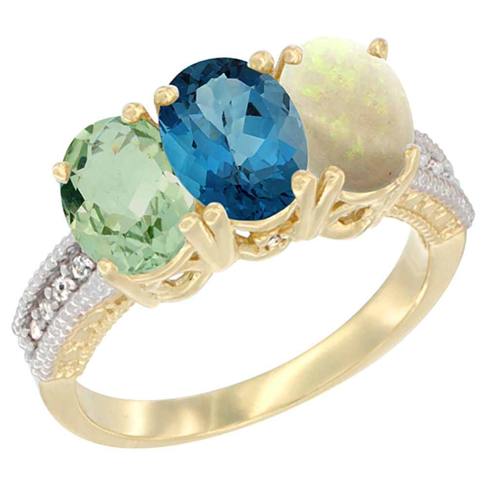 14K Yellow Gold Natural Green Amethyst, London Blue Topaz &amp; Opal Ring 3-Stone 7x5 mm Oval Diamond Accent, sizes 5 - 10