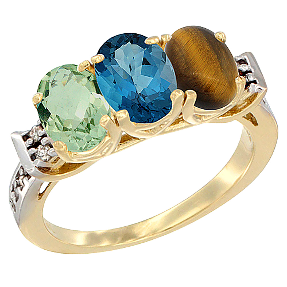 14K Yellow Gold Natural Green Amethyst, London Blue Topaz & Tiger Eye Ring 3-Stone 7x5 mm Oval Diamond Accent, sizes 5 - 10