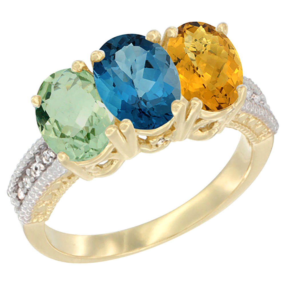 14K Yellow Gold Natural Green Amethyst, London Blue Topaz &amp; Whisky Quartz Ring 3-Stone 7x5 mm Oval Diamond Accent, sizes 5 - 10