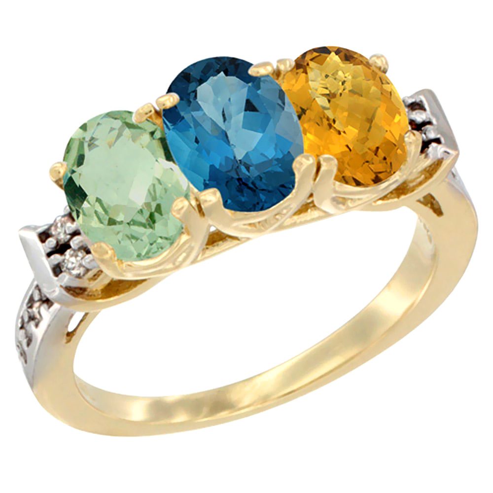 10K Yellow Gold Natural Green Amethyst, London Blue Topaz &amp; Whisky Quartz Ring 3-Stone Oval 7x5 mm Diamond Accent, sizes 5 - 10