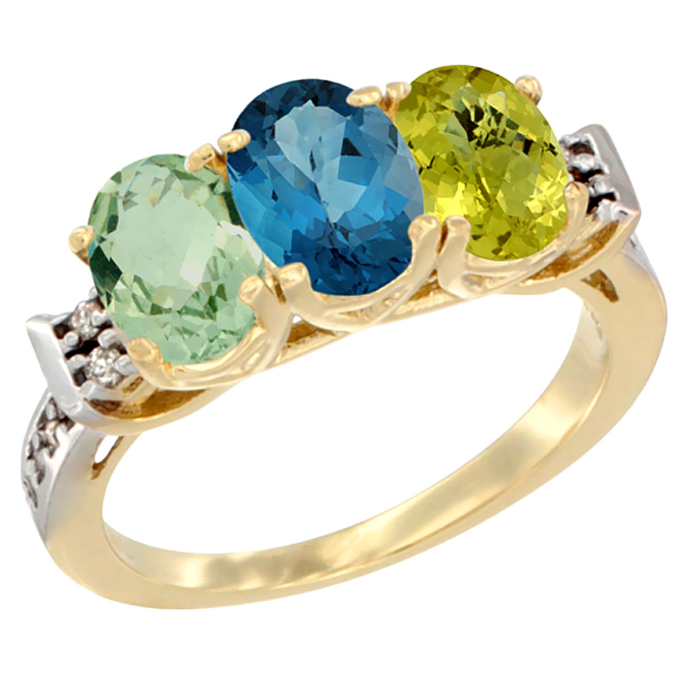 14K Yellow Gold Natural Green Amethyst, London Blue Topaz &amp; Lemon Quartz Ring 3-Stone 7x5 mm Oval Diamond Accent, sizes 5 - 10