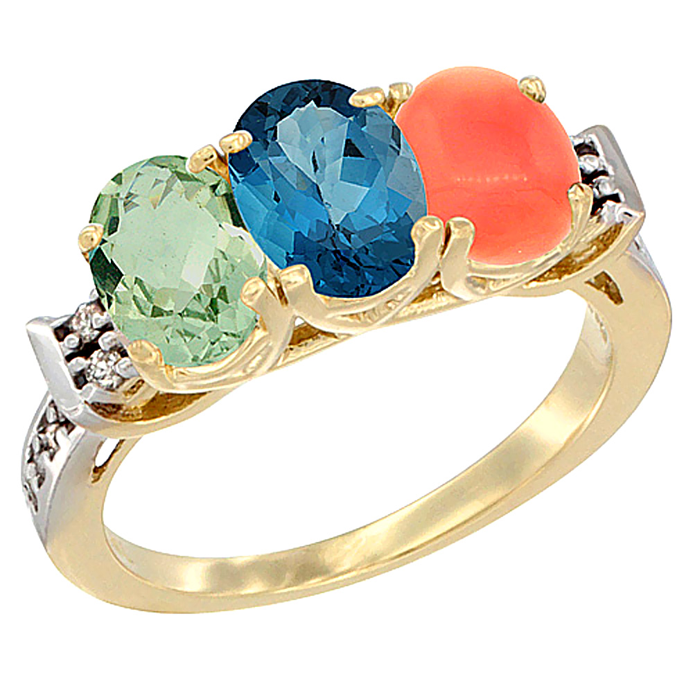 14K Yellow Gold Natural Green Amethyst, London Blue Topaz &amp; Coral Ring 3-Stone 7x5 mm Oval Diamond Accent, sizes 5 - 10