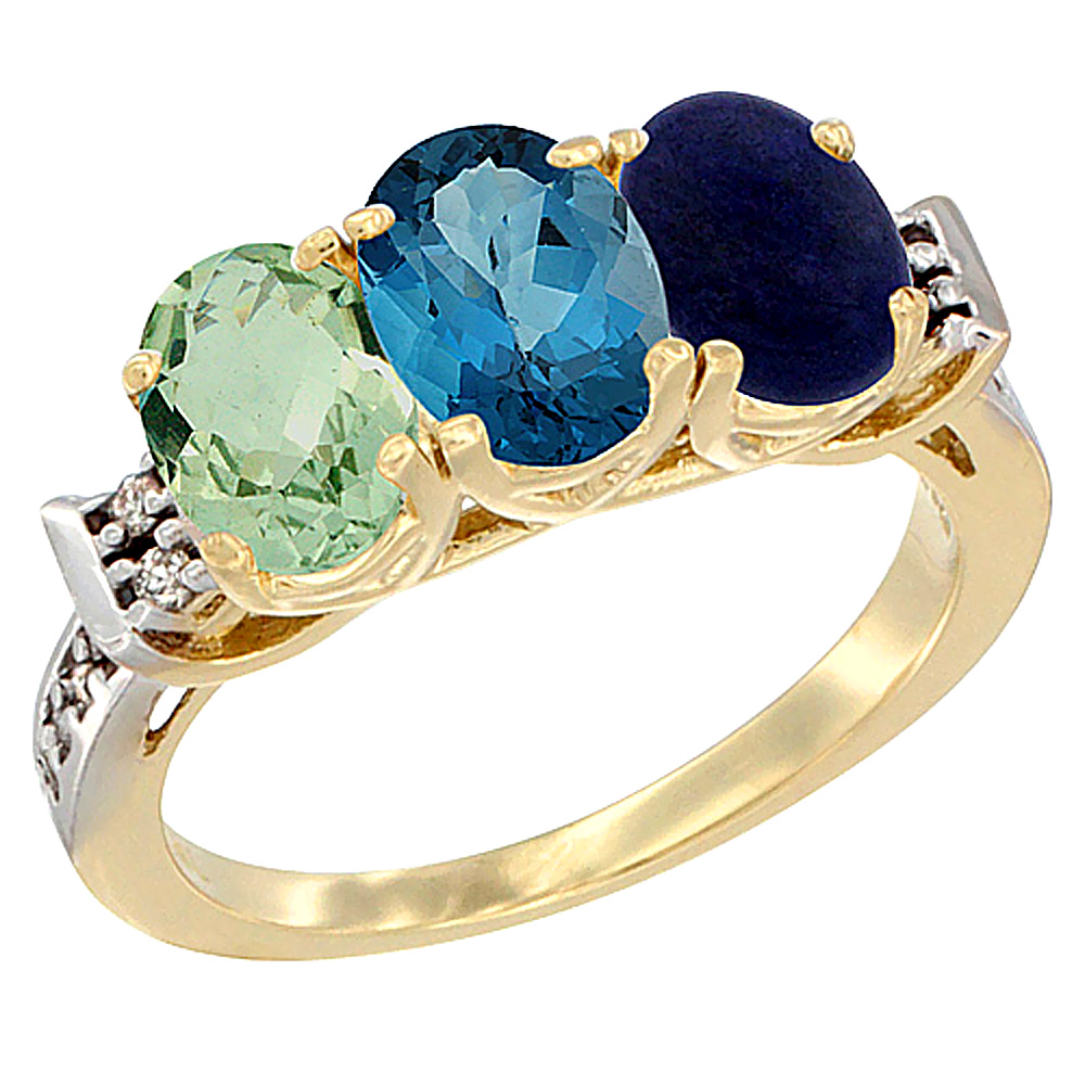 14K Yellow Gold Natural Green Amethyst, London Blue Topaz &amp; Lapis Ring 3-Stone 7x5 mm Oval Diamond Accent, sizes 5 - 10