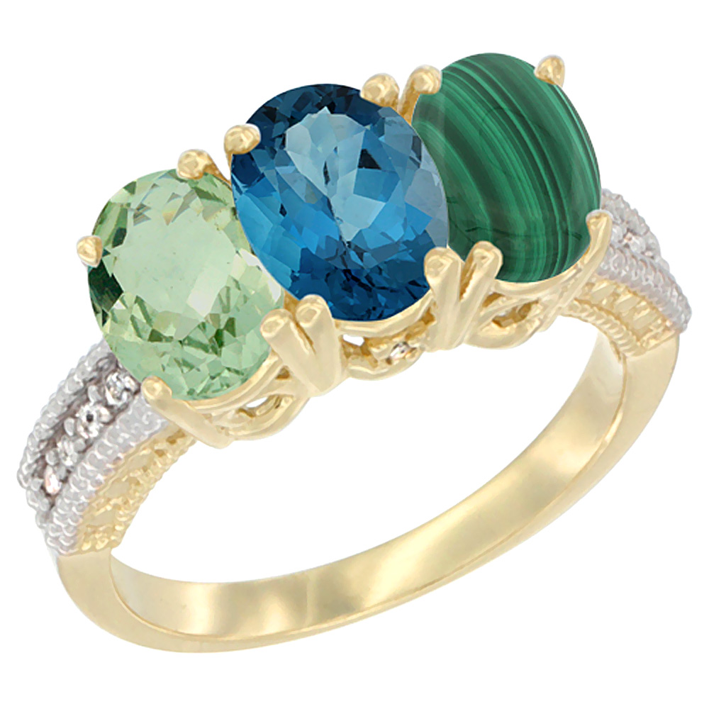 14K Yellow Gold Natural Green Amethyst, London Blue Topaz & Malachite Ring 3-Stone 7x5 mm Oval Diamond Accent, sizes 5 - 10