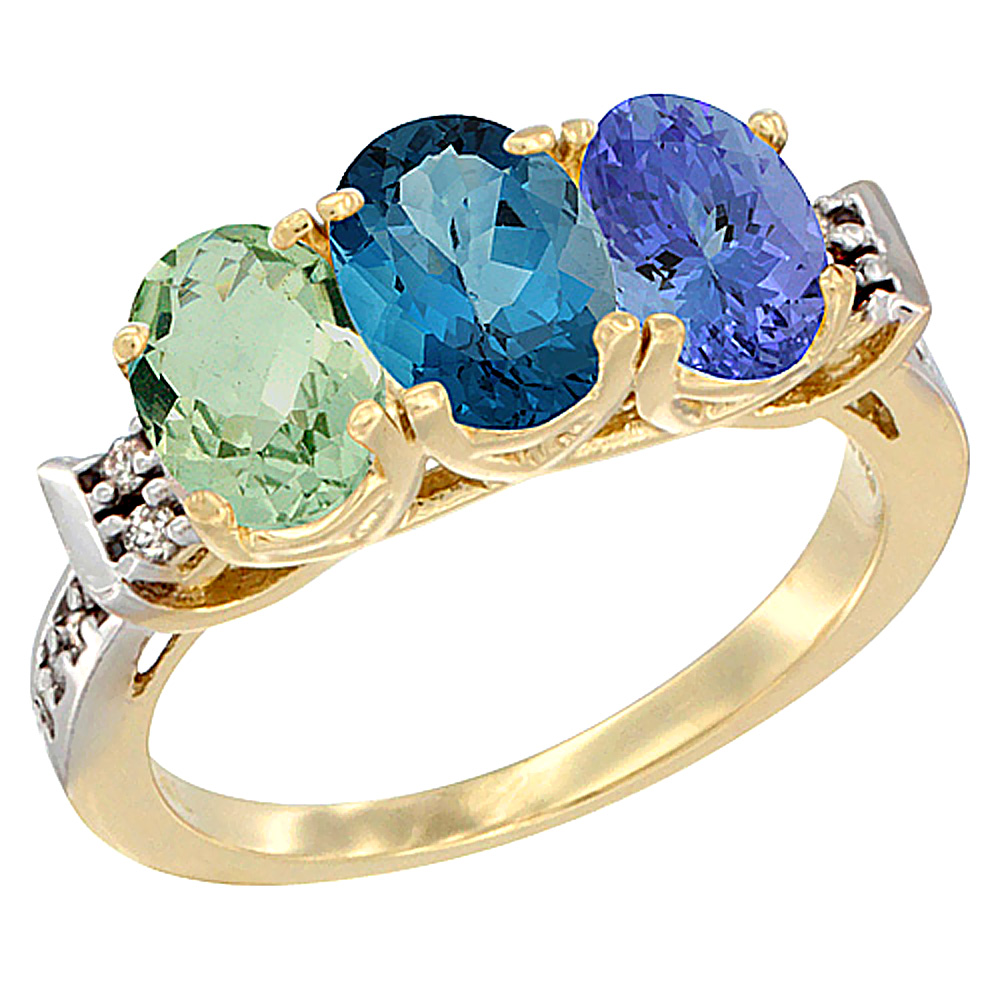 10K Yellow Gold Natural Green Amethyst, London Blue Topaz & Tanzanite Ring 3-Stone Oval 7x5 mm Diamond Accent, sizes 5 - 10