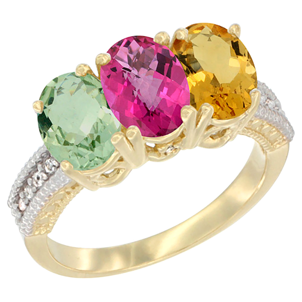 14K Yellow Gold Natural Green Amethyst, Pink Topaz & Citrine Ring 3-Stone 7x5 mm Oval Diamond Accent, sizes 5 - 10