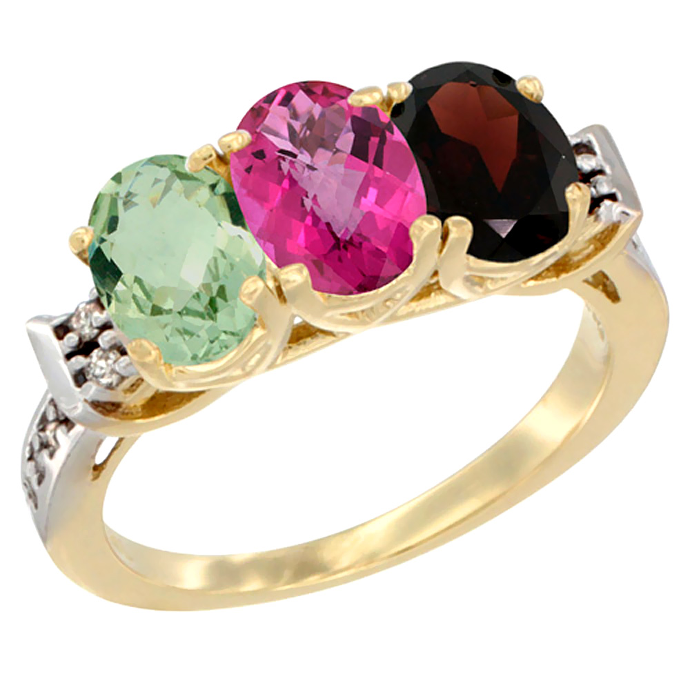 14K Yellow Gold Natural Green Amethyst, Pink Topaz & Garnet Ring 3-Stone 7x5 mm Oval Diamond Accent, sizes 5 - 10