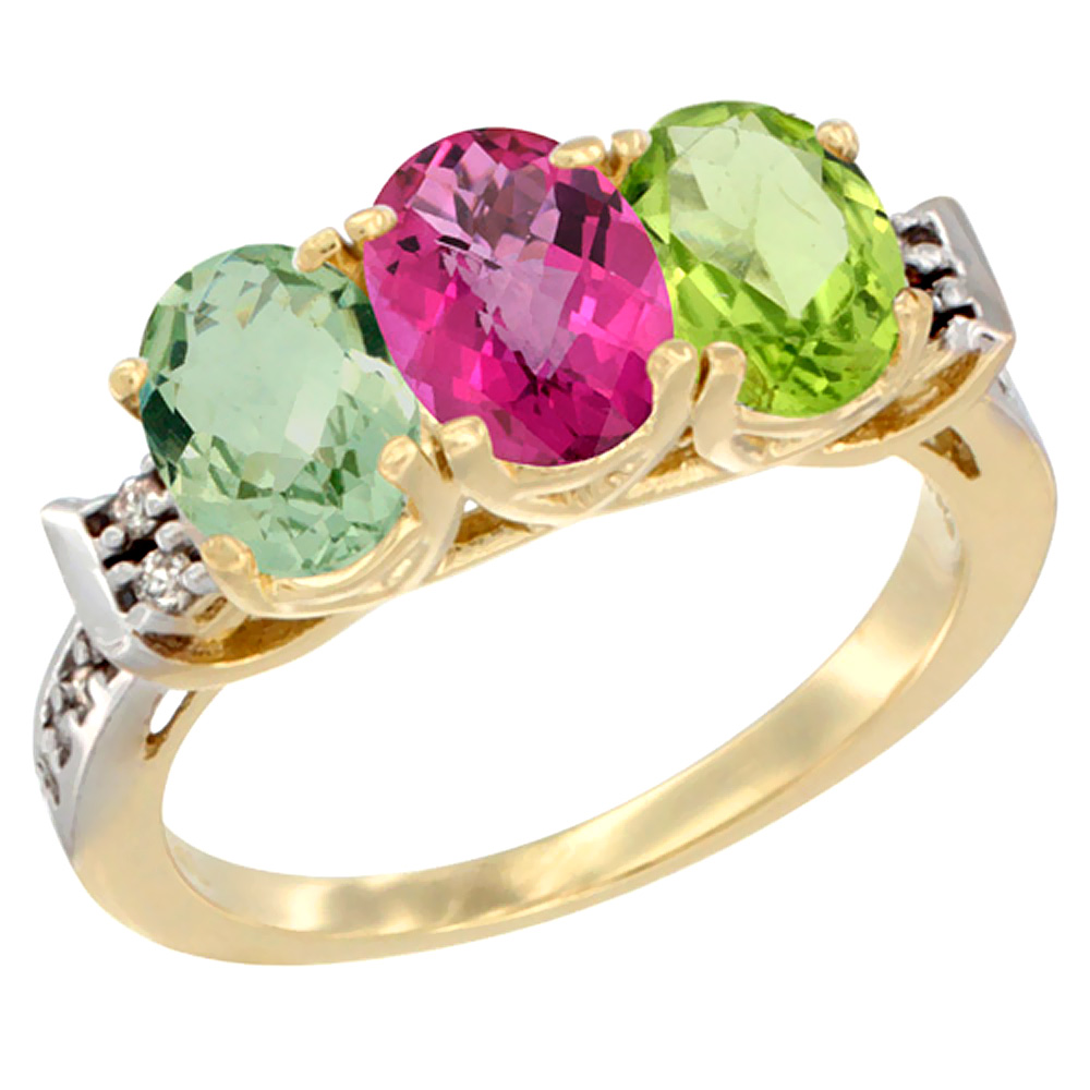 14K Yellow Gold Natural Green Amethyst, Pink Topaz & Peridot Ring 3-Stone 7x5 mm Oval Diamond Accent, sizes 5 - 10