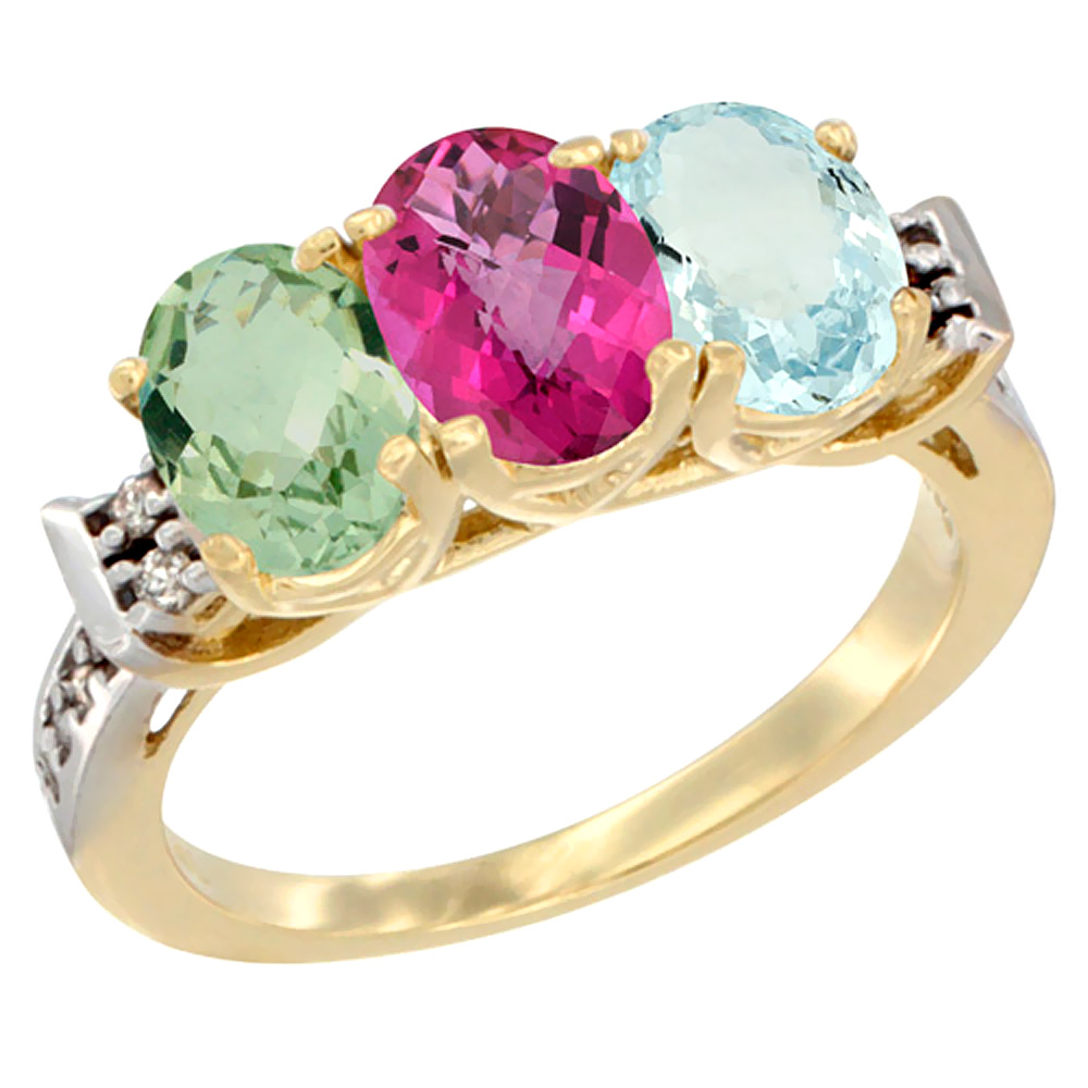 14K Yellow Gold Natural Green Amethyst, Pink Topaz & Aquamarine Ring 3-Stone 7x5 mm Oval Diamond Accent, sizes 5 - 10