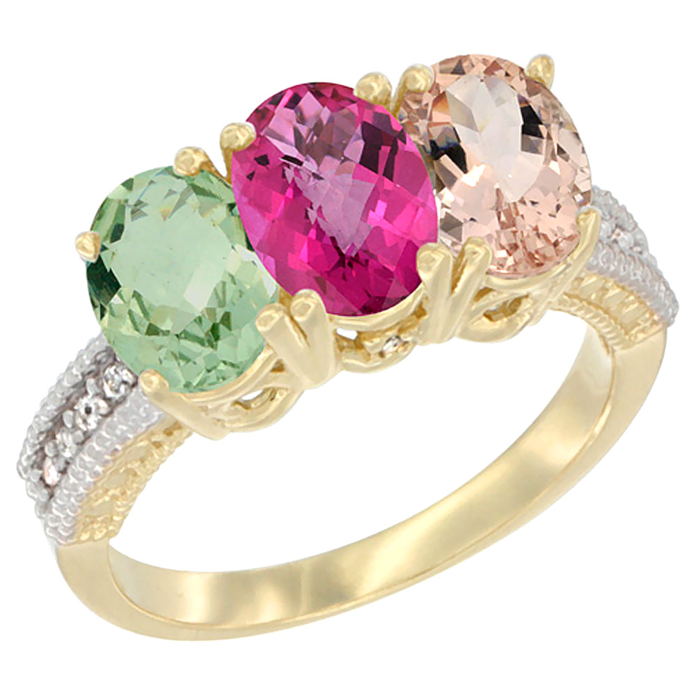 14K Yellow Gold Natural Green Amethyst, Pink Topaz & Morganite Ring 3-Stone 7x5 mm Oval Diamond Accent, sizes 5 - 10