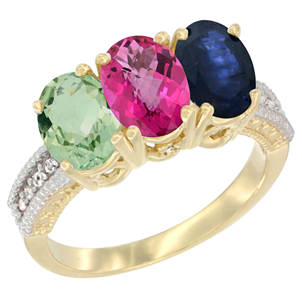 14K Yellow Gold Natural Green Amethyst, Pink Topaz &amp; Blue Sapphire Ring 3-Stone 7x5 mm Oval Diamond Accent, sizes 5 - 10