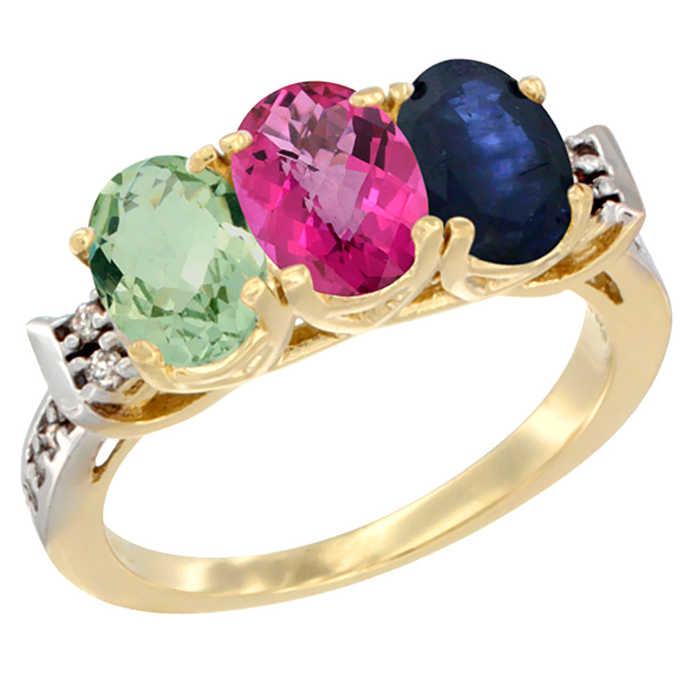 14K Yellow Gold Natural Green Amethyst, Pink Topaz & Blue Sapphire Ring 3-Stone 7x5 mm Oval Diamond Accent, sizes 5 - 10