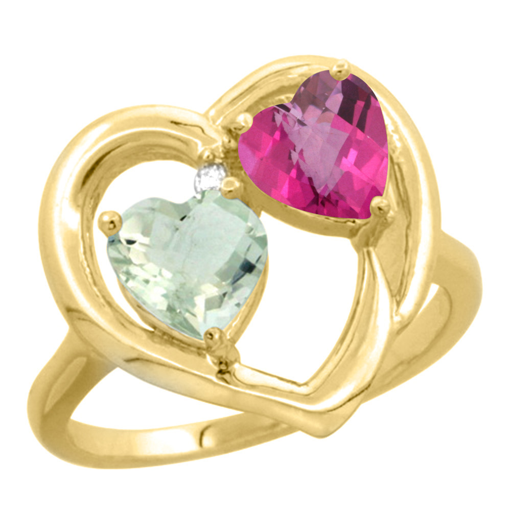 10K Yellow Gold Diamond Two-stone Heart Ring 6mm Natural Green Amethyst &amp; Pink Topaz, sizes 5-10