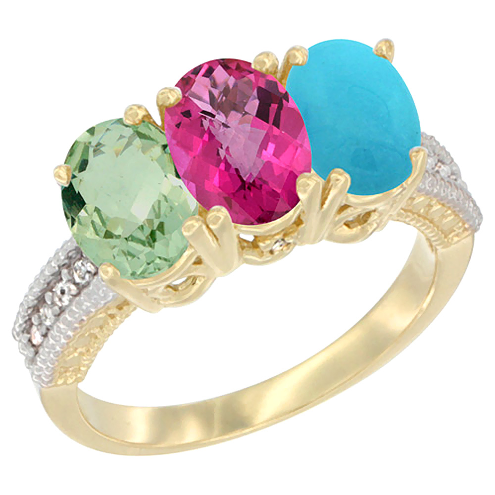 14K Yellow Gold Natural Green Amethyst, Pink Topaz &amp; Turquoise Ring 3-Stone 7x5 mm Oval Diamond Accent, sizes 5 - 10