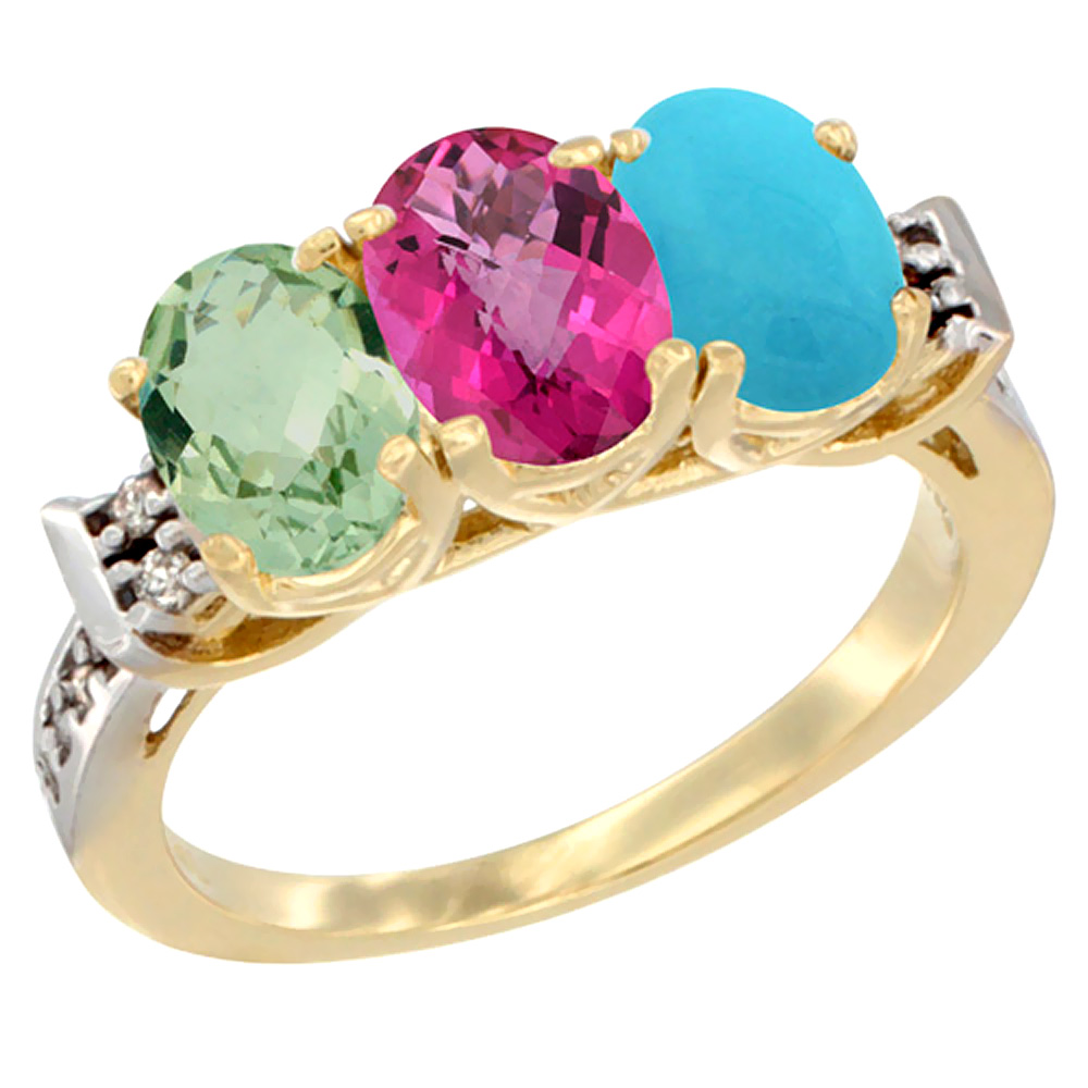 14K Yellow Gold Natural Green Amethyst, Pink Topaz & Turquoise Ring 3-Stone 7x5 mm Oval Diamond Accent, sizes 5 - 10