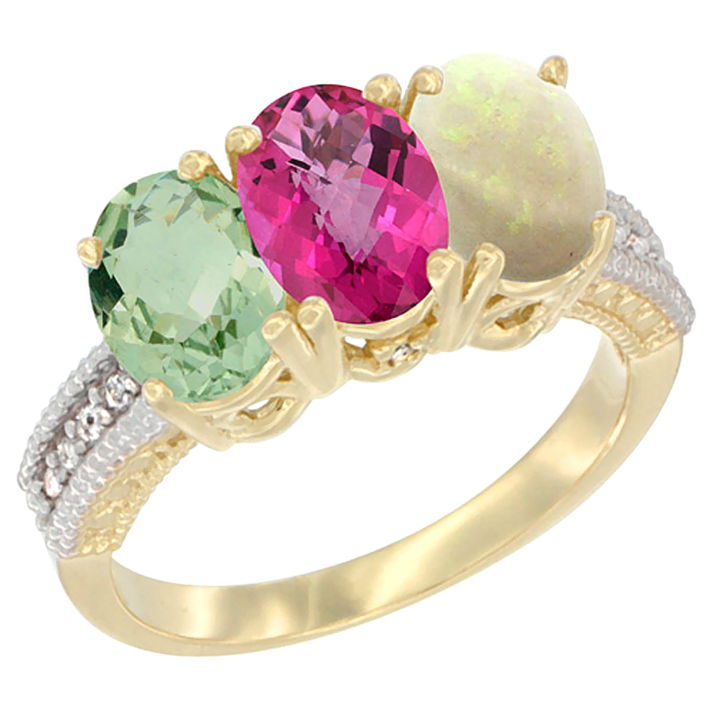 14K Yellow Gold Natural Green Amethyst, Pink Topaz & Opal Ring 3-Stone 7x5 mm Oval Diamond Accent, sizes 5 - 10