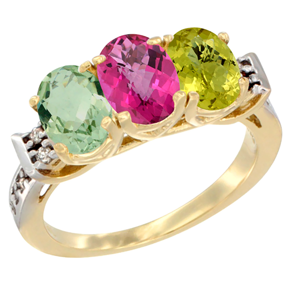 14K Yellow Gold Natural Green Amethyst, Pink Topaz & Lemon Quartz Ring 3-Stone 7x5 mm Oval Diamond Accent, sizes 5 - 10