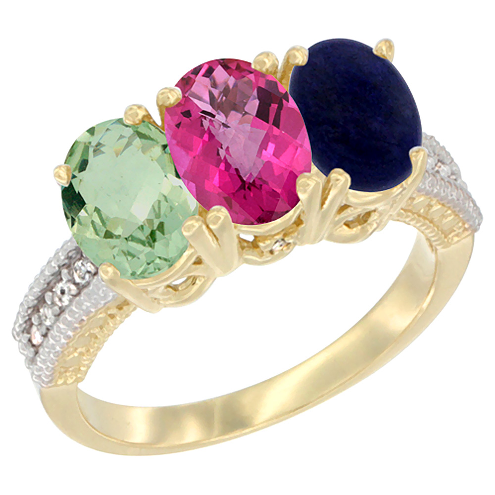 14K Yellow Gold Natural Green Amethyst, Pink Topaz & Lapis Ring 3-Stone 7x5 mm Oval Diamond Accent, sizes 5 - 10