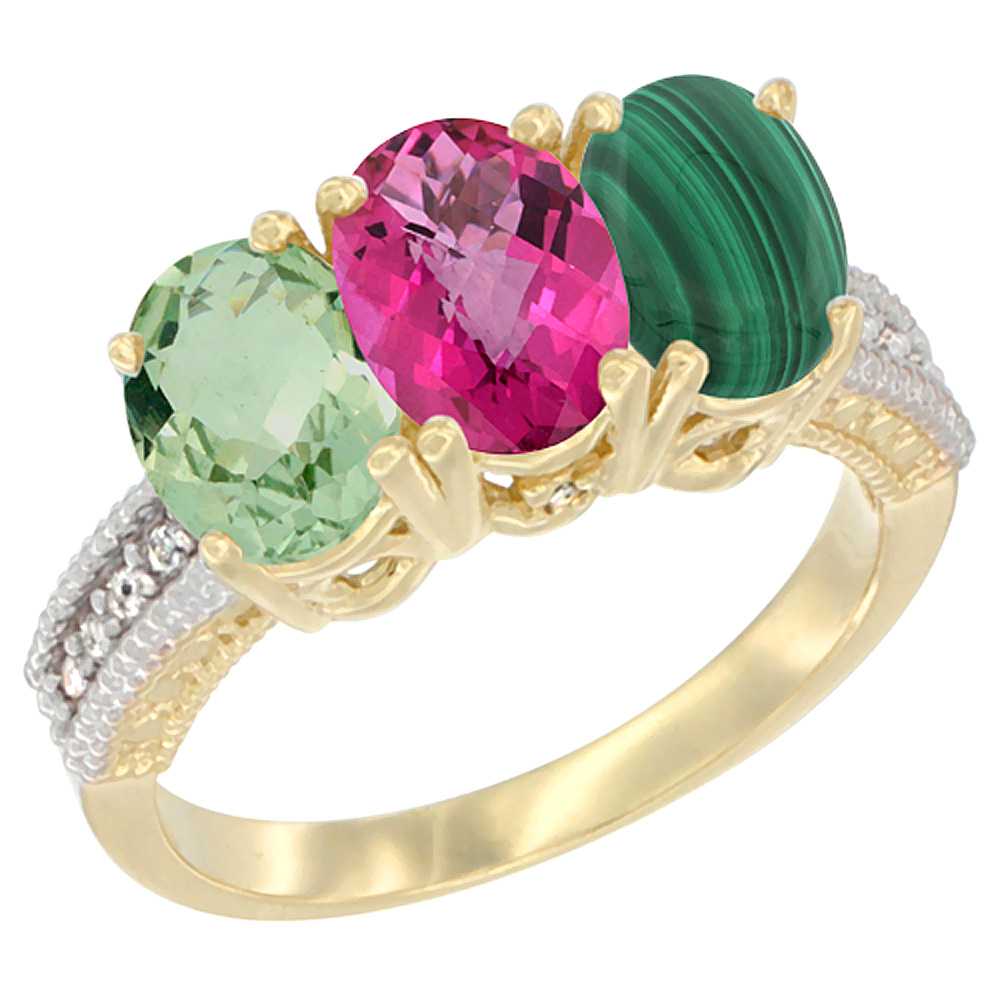 14K Yellow Gold Natural Green Amethyst, Pink Topaz & Malachite Ring 3-Stone 7x5 mm Oval Diamond Accent, sizes 5 - 10