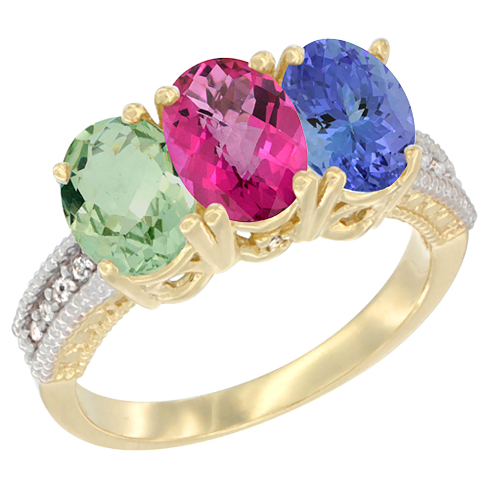 10K Yellow Gold Diamond Natural Green Amethyst, Pink Topaz &amp; Tanzanite Ring Oval 3-Stone 7x5 mm,sizes 5-10