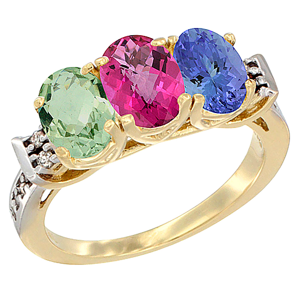 14K Yellow Gold Natural Green Amethyst, Pink Topaz & Tanzanite Ring 3-Stone 7x5 mm Oval Diamond Accent, sizes 5 - 10