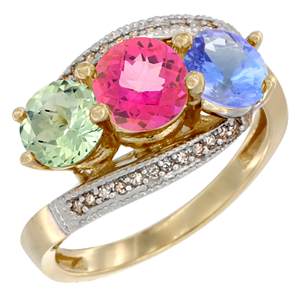 14K Yellow Gold Natural Green Amethyst, Pink Topaz & Tanzanite 3 stone Ring Round 6mm Diamond Accent, sizes 5 - 10