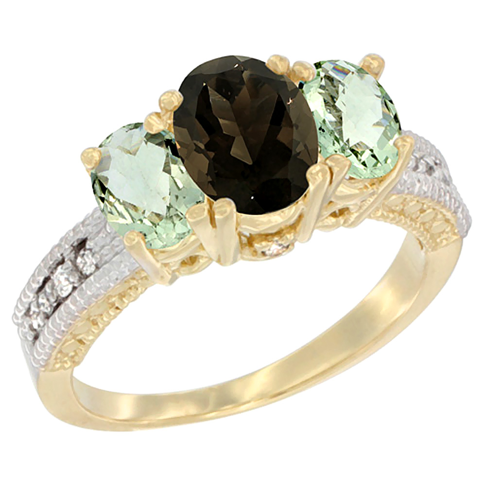 10K Yellow Gold Diamond Natural Smoky Topaz Ring Oval 3-stone with Green Amethyst, sizes 5 - 10