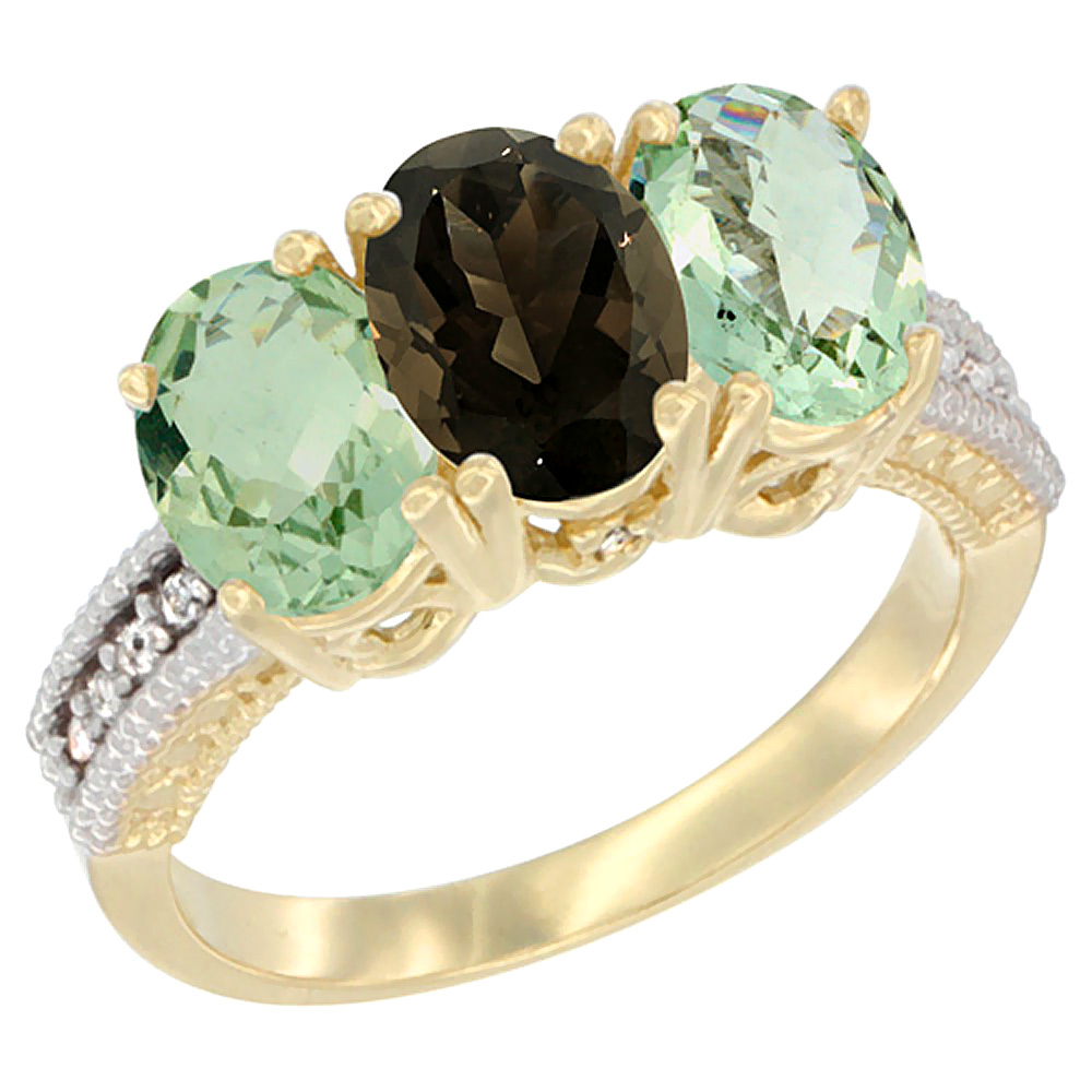 14K Yellow Gold Natural Smoky Topaz & Green Amethyst Ring 3-Stone 7x5 mm Oval Diamond Accent, sizes 5 - 10