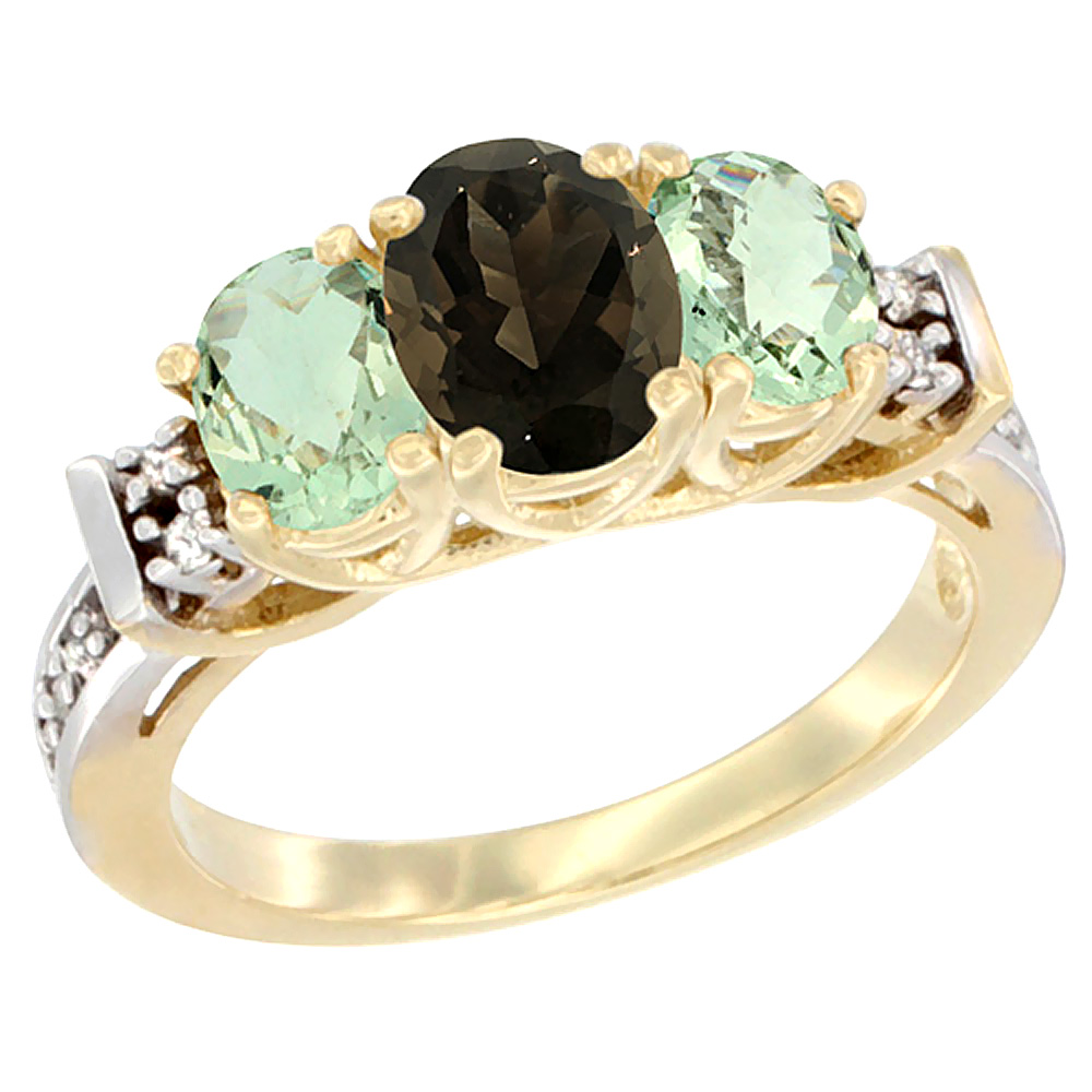 14K Yellow Gold Natural Smoky Topaz &amp; Green Amethyst Ring 3-Stone Oval Diamond Accent