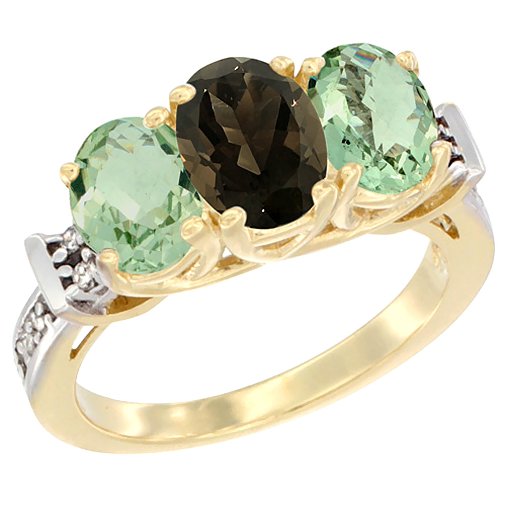 10K Yellow Gold Natural Smoky Topaz & Green Amethyst Sides Ring 3-Stone Oval Diamond Accent, sizes 5 - 10