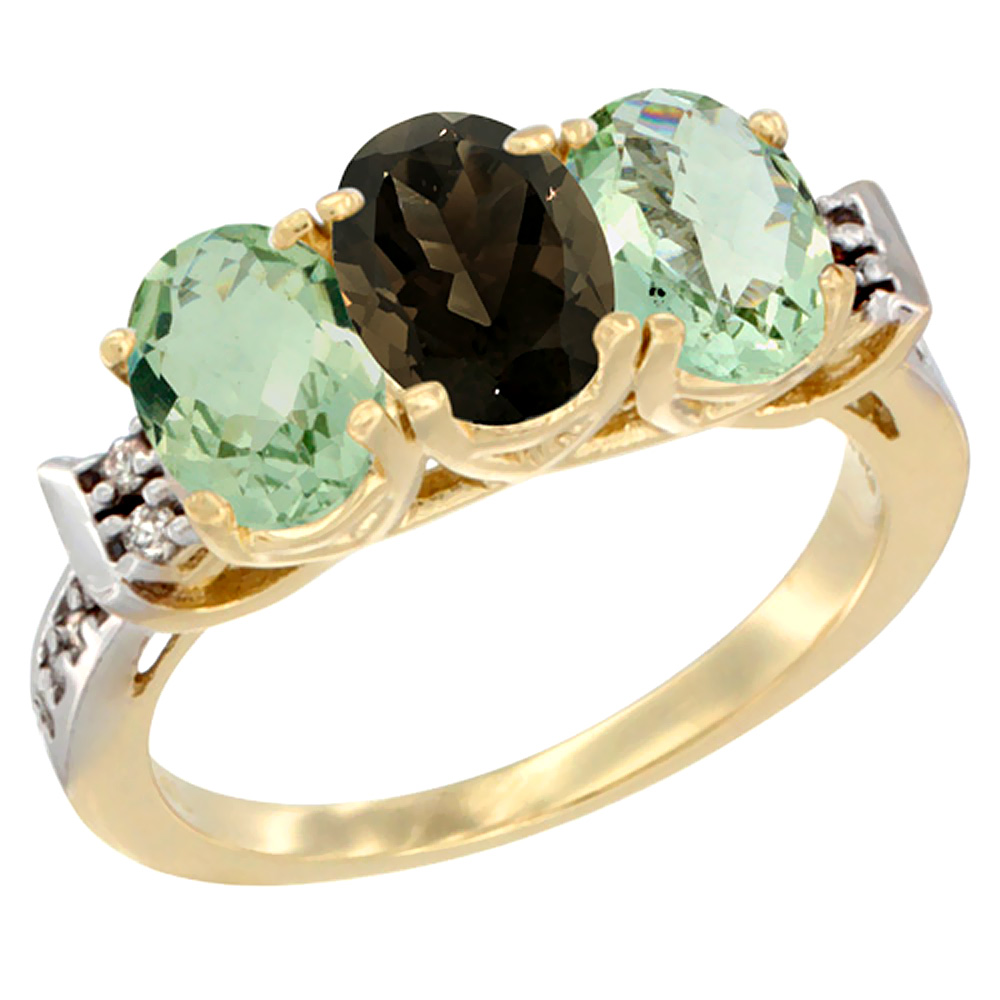 14K Yellow Gold Natural Smoky Topaz & Green Amethyst Sides Ring 3-Stone 7x5 mm Oval Diamond Accent, sizes 5 - 10