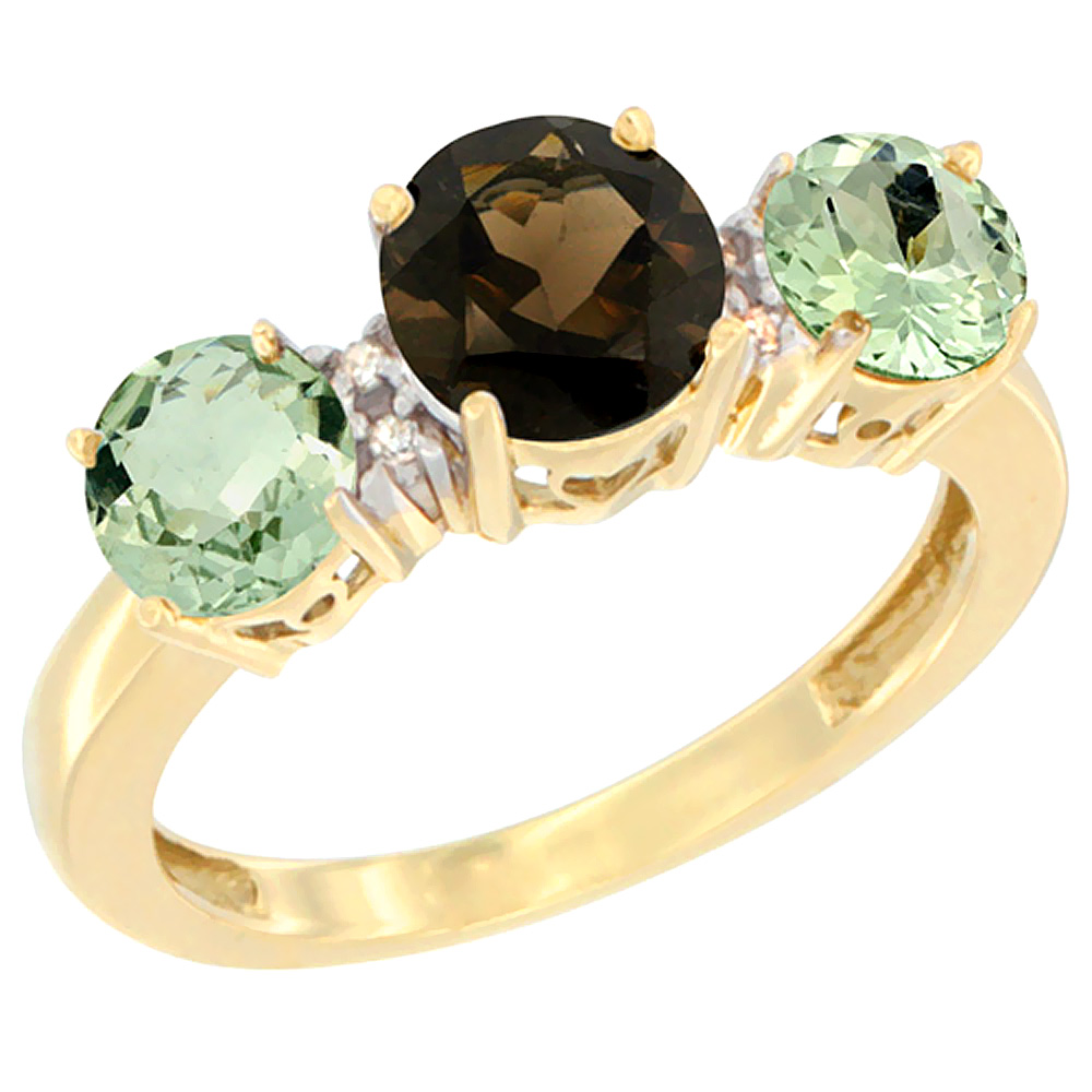 14K Yellow Gold Round 3-Stone Natural Smoky Topaz Ring & Green Amethyst Sides Diamond Accent, sizes 5 - 10