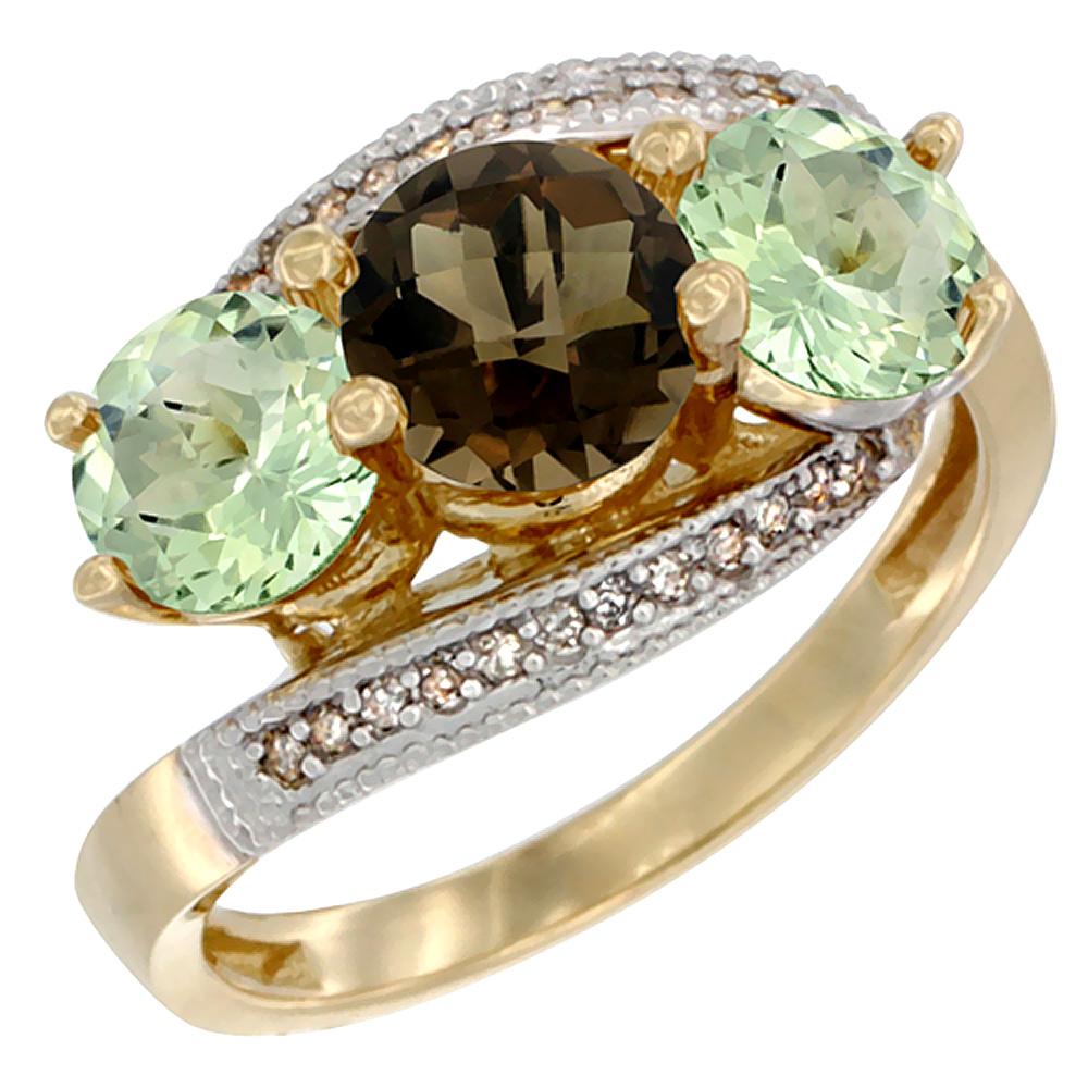 10K Yellow Gold Natural Smoky Topaz & Green Amethyst Sides 3 stone Ring Round 6mm Diamond Accent, sizes 5 - 10