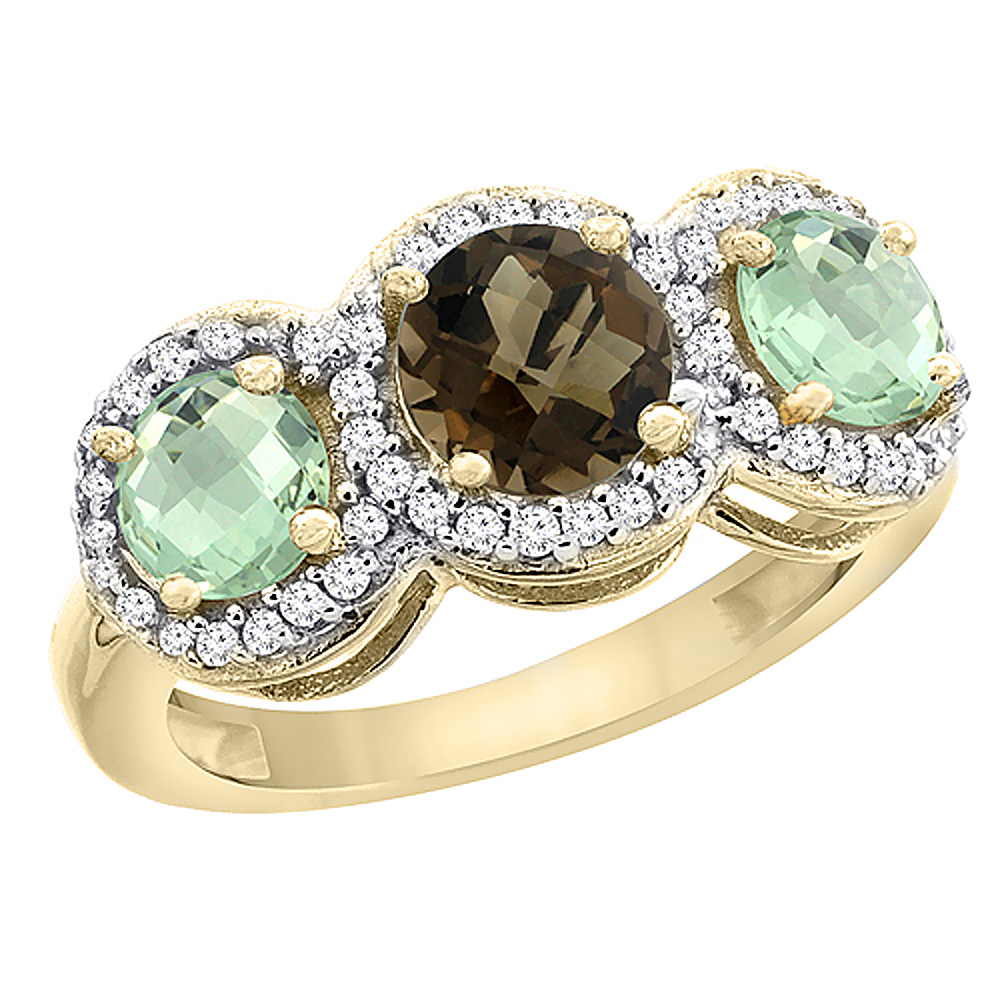 14K Yellow Gold Natural Smoky Topaz & Green Amethyst Sides Round 3-stone Ring Diamond Accents, sizes 5 - 10