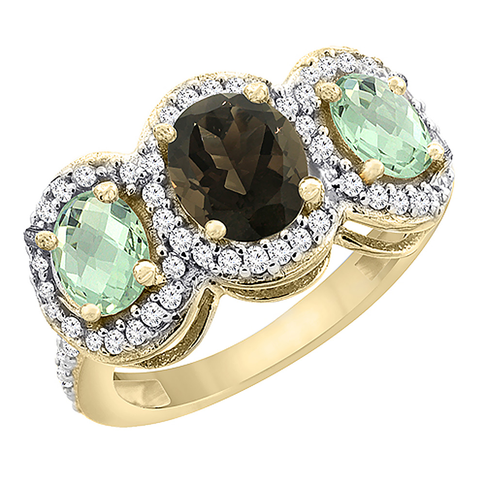 14K Yellow Gold Natural Smoky Topaz &amp; Green Amethyst 3-Stone Ring Oval Diamond Accent, sizes 5 - 10
