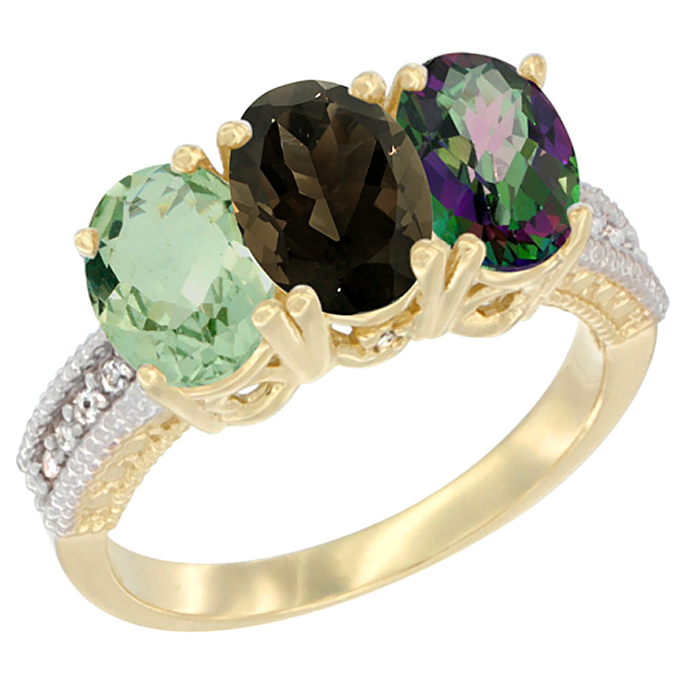 14K Yellow Gold Natural Green Amethyst, Smoky Topaz & Mystic Topaz Ring 3-Stone 7x5 mm Oval Diamond Accent, sizes 5 - 10