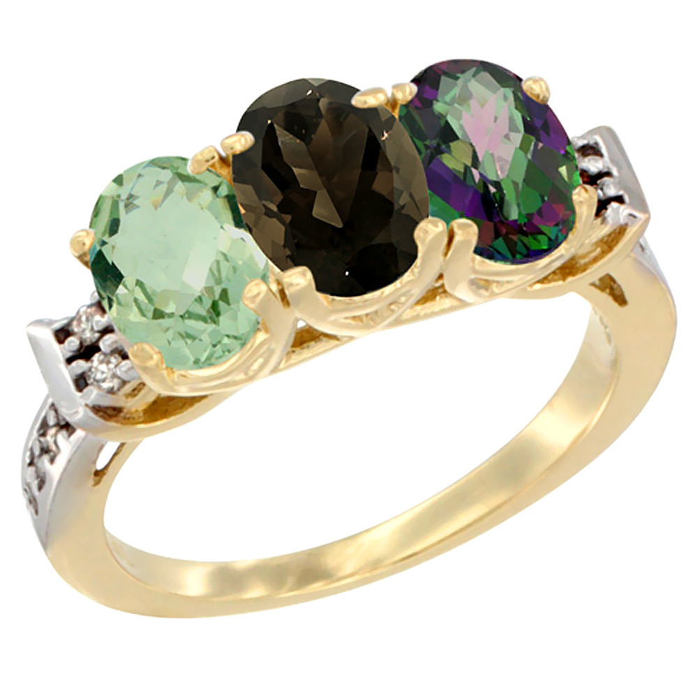 14K Yellow Gold Natural Green Amethyst, Smoky Topaz &amp; Mystic Topaz Ring 3-Stone 7x5 mm Oval Diamond Accent, sizes 5 - 10