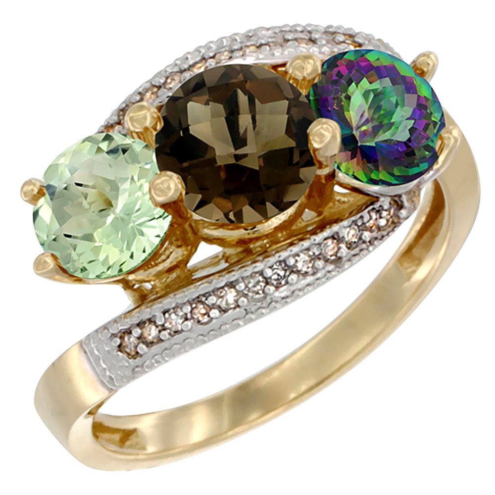 14K Yellow Gold Natural Green Amethyst, Smoky &amp; Mystic Topaz 3 stone Ring Round 6mm Diamond Accent, sizes 5 - 10