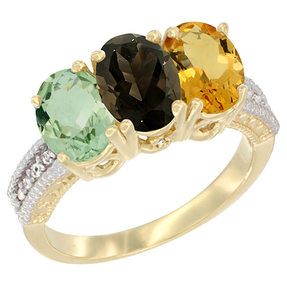 14K Yellow Gold Natural Green Amethyst, Smoky Topaz &amp; Citrine Ring 3-Stone 7x5 mm Oval Diamond Accent, sizes 5 - 10